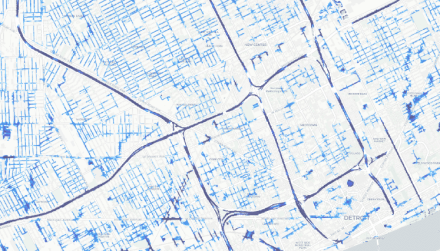 First Street Foundation modeling of areas in Detroit at risk of flooding in a 100-year flood zone; most of these are not accounted for by FEMA’s model. Most of the straight lines are street flooding from heavy precipitation events.
