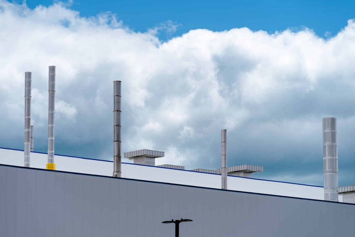 The roof of the Stellantis plant on Detroit's east side.