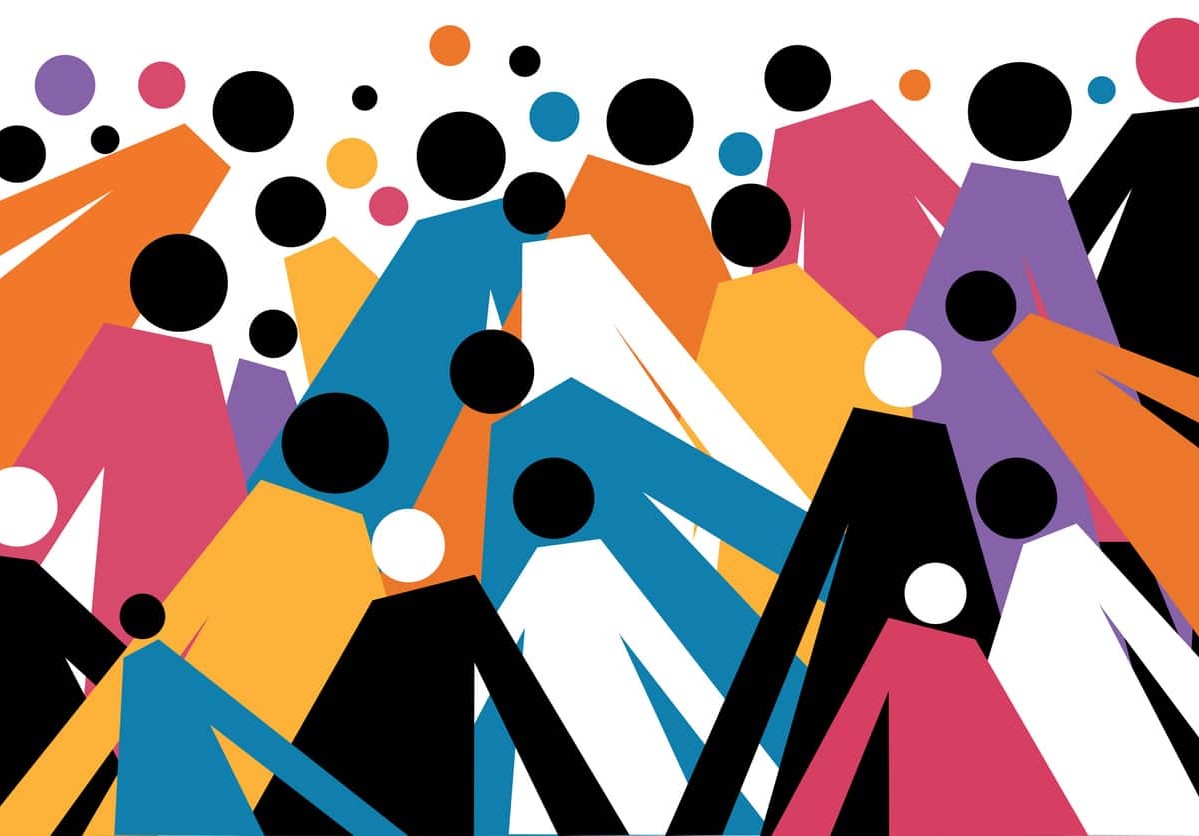 Geometric illustration of a crowd of multi coloured human figures