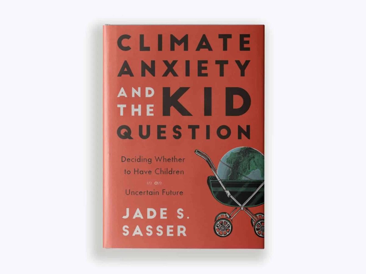 The title "Climate Anxiety and the Kid Question" on a red book with an image of a stroller