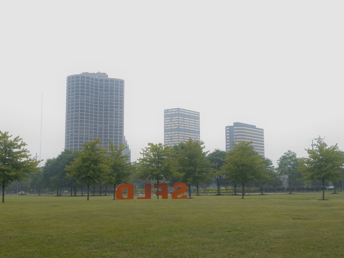 Downtown Southfield in a haze caused by the smoke from the Canadian wildfires in 2023.