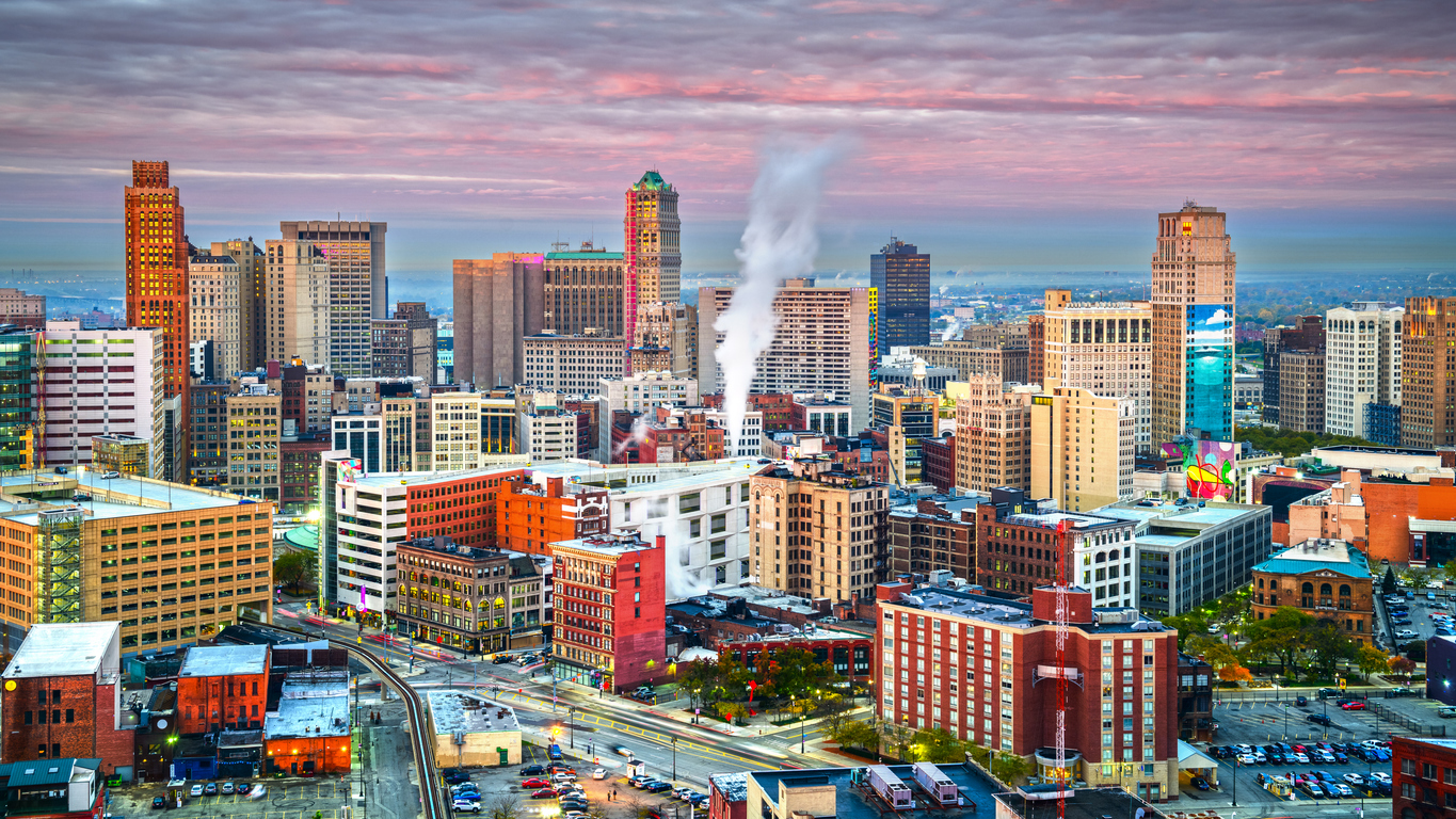 Detroit skyline at dawn.