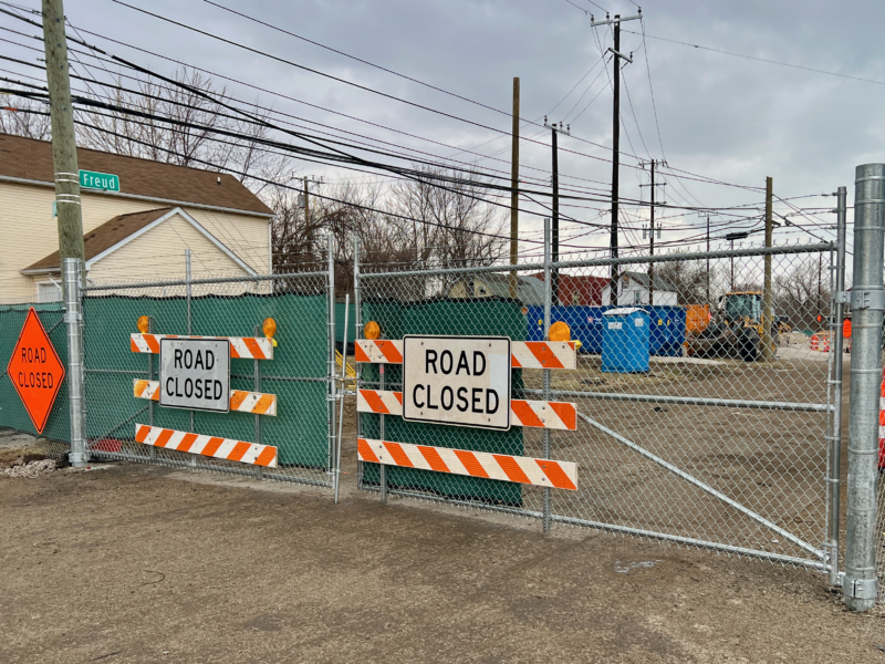 Road closure signs on Freud Street in Detroit's Jefferson Chalmers neighborhood.