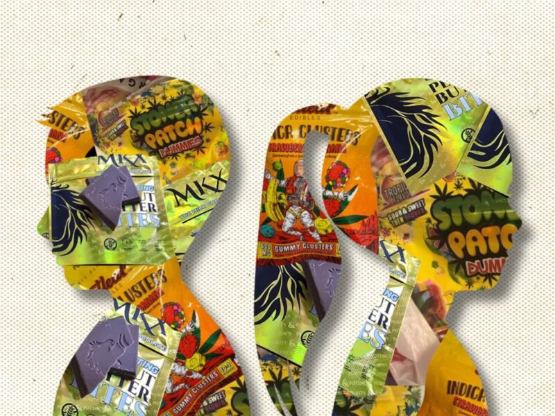 Photo illustration of cannabis products, children.