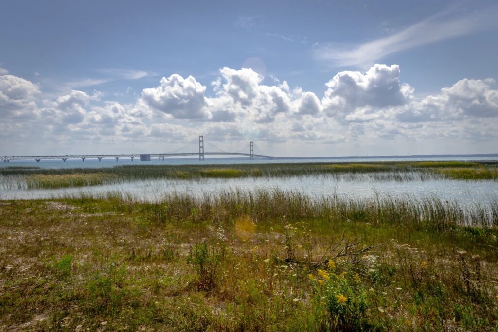 The Mackinac Bridge and Straits of Mackinac.