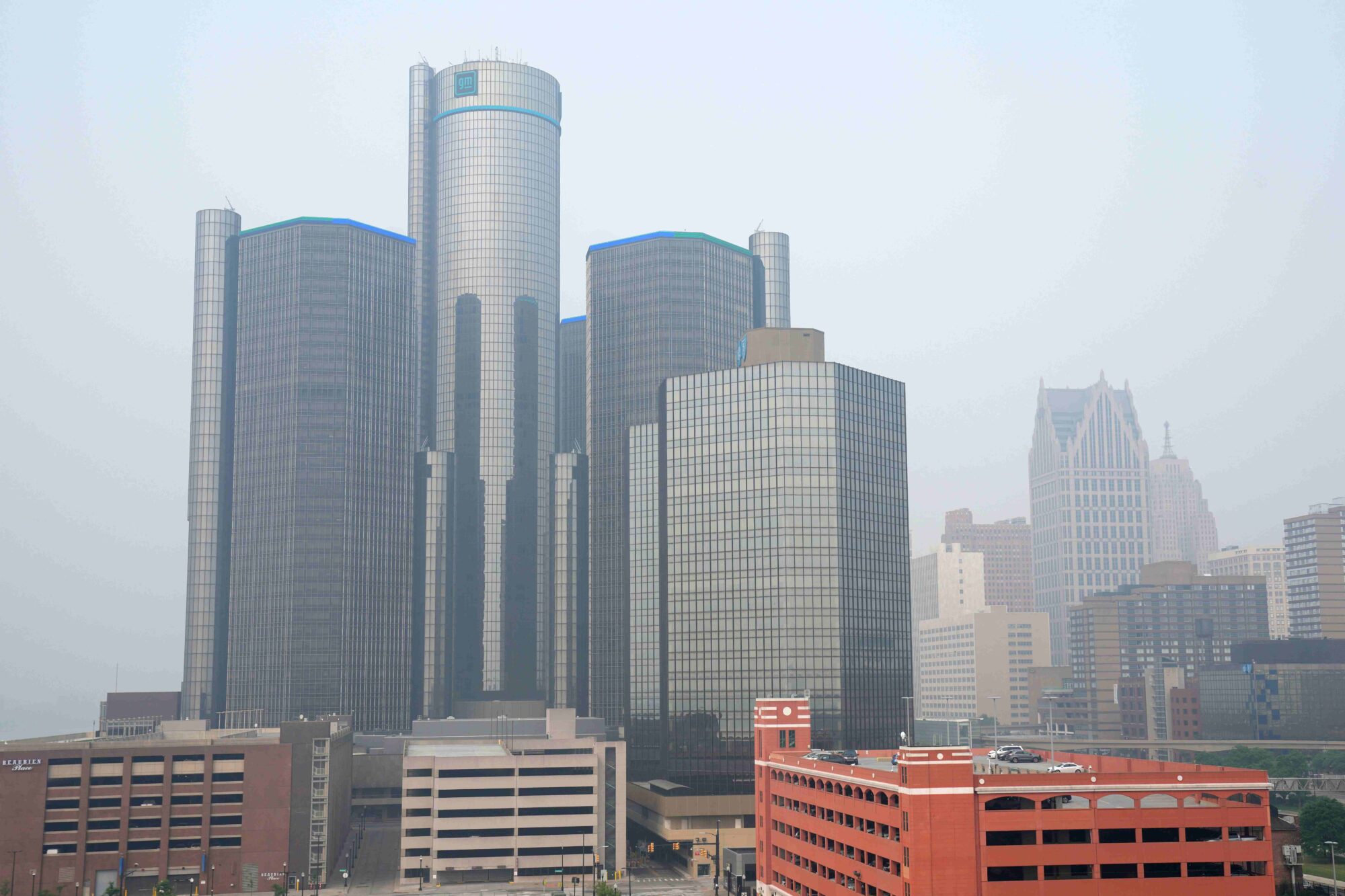 The downtown Detroit skyline shrouded in wildfire smoke in June 2023.