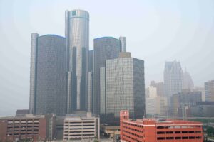 The downtown Detroit skyline shrouded in wildfire smoke in June 2023.