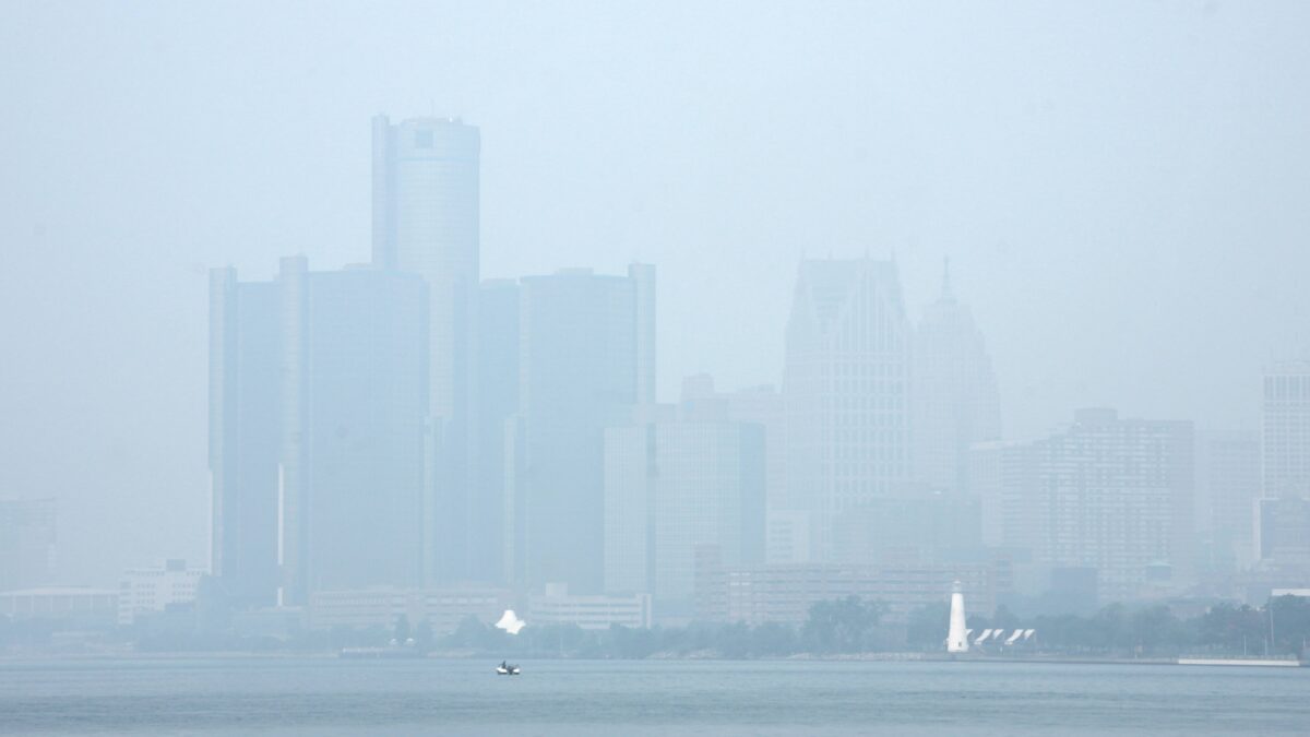 The Detroit skyline is blanketed with Canadian wildfire smoke in June 2023.