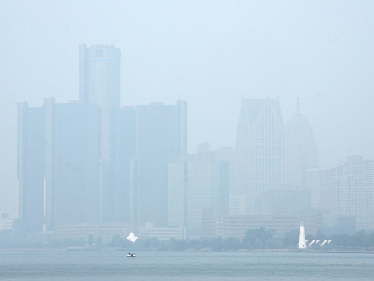 The Detroit skyline is blanketed with Canadian wildfire smoke in June 2023.
