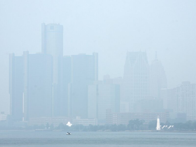 The Detroit skyline is blanketed with Canadian wildfire smoke in June 2023.