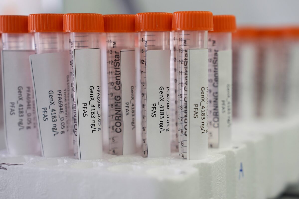 Vials containing samples of forever chemicals in an EPA lab.