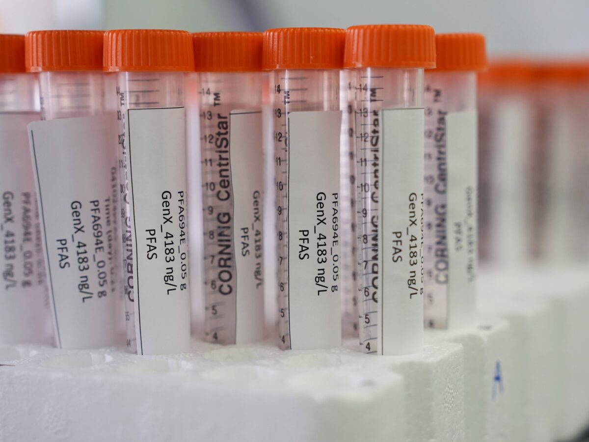 Vials containing samples of forever chemicals in an EPA lab.