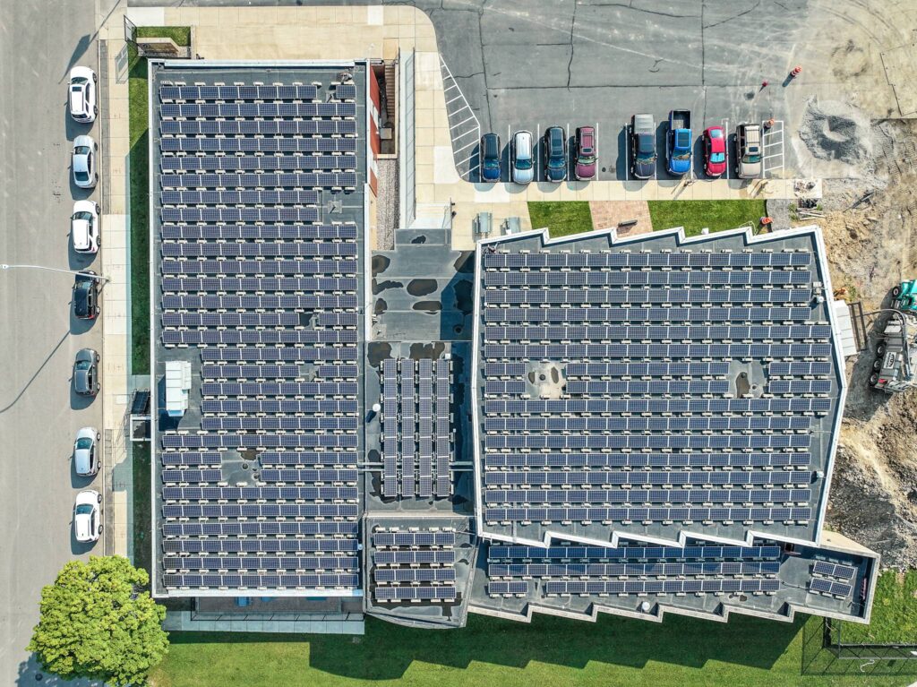 Overhead view of solar roof installation at IBEW Local 58 in Detroit.