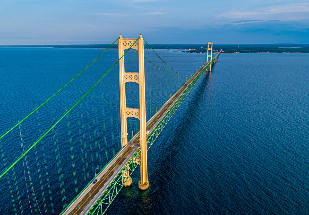 Aerial view of Mackinac Bridge connecting Michigan's Upper and Lower Peninsulas.