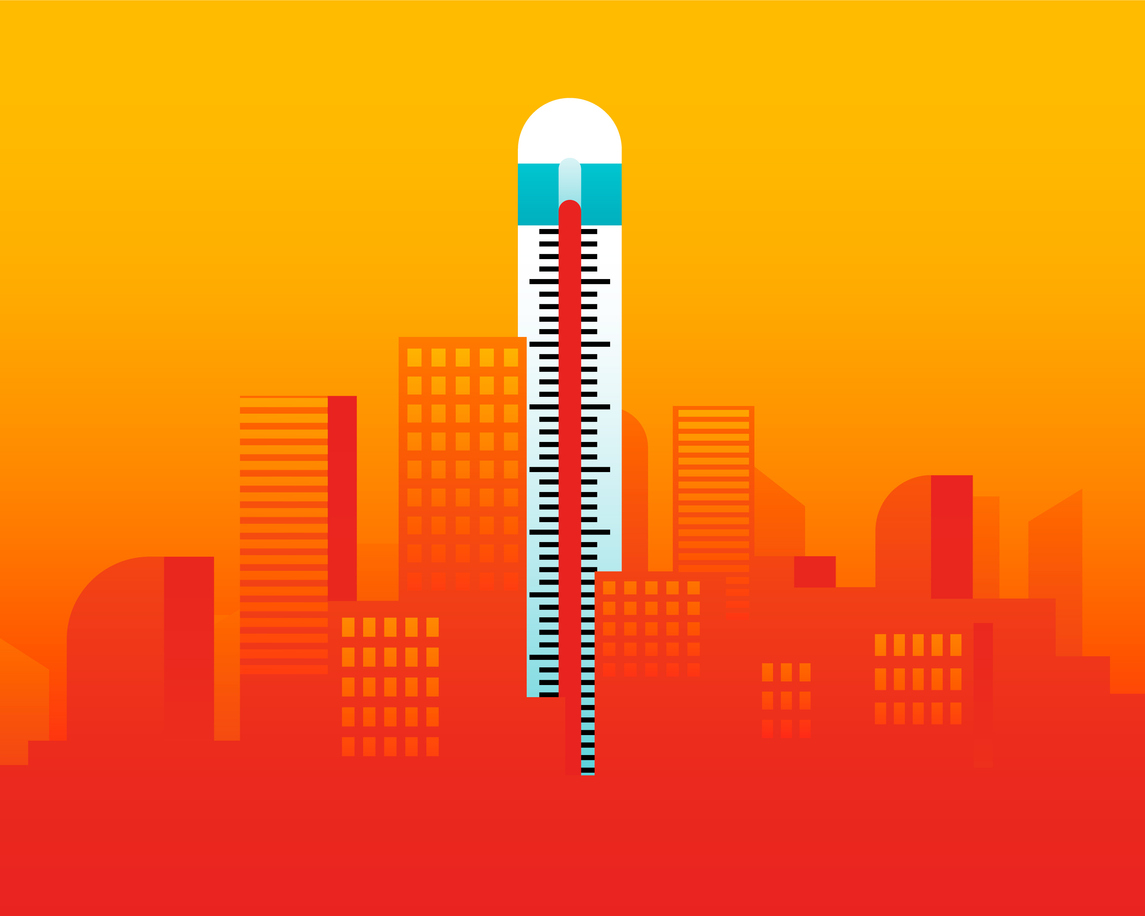 Illustration of hot day in the city with a thermometer placed like a building.
