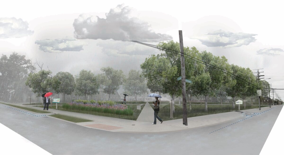 Green stormwater infrastructure project rendering for an intersection on Detroit's east side