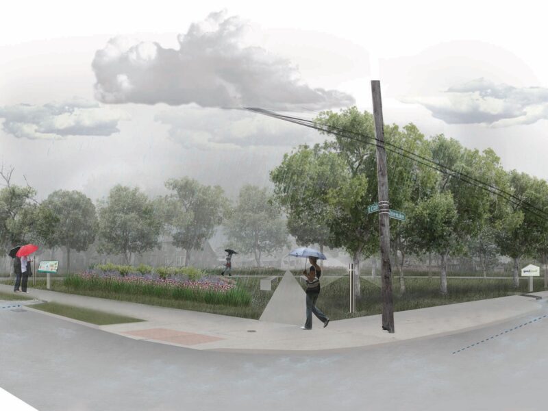 Green stormwater infrastructure project rendering for an intersection on Detroit's east side