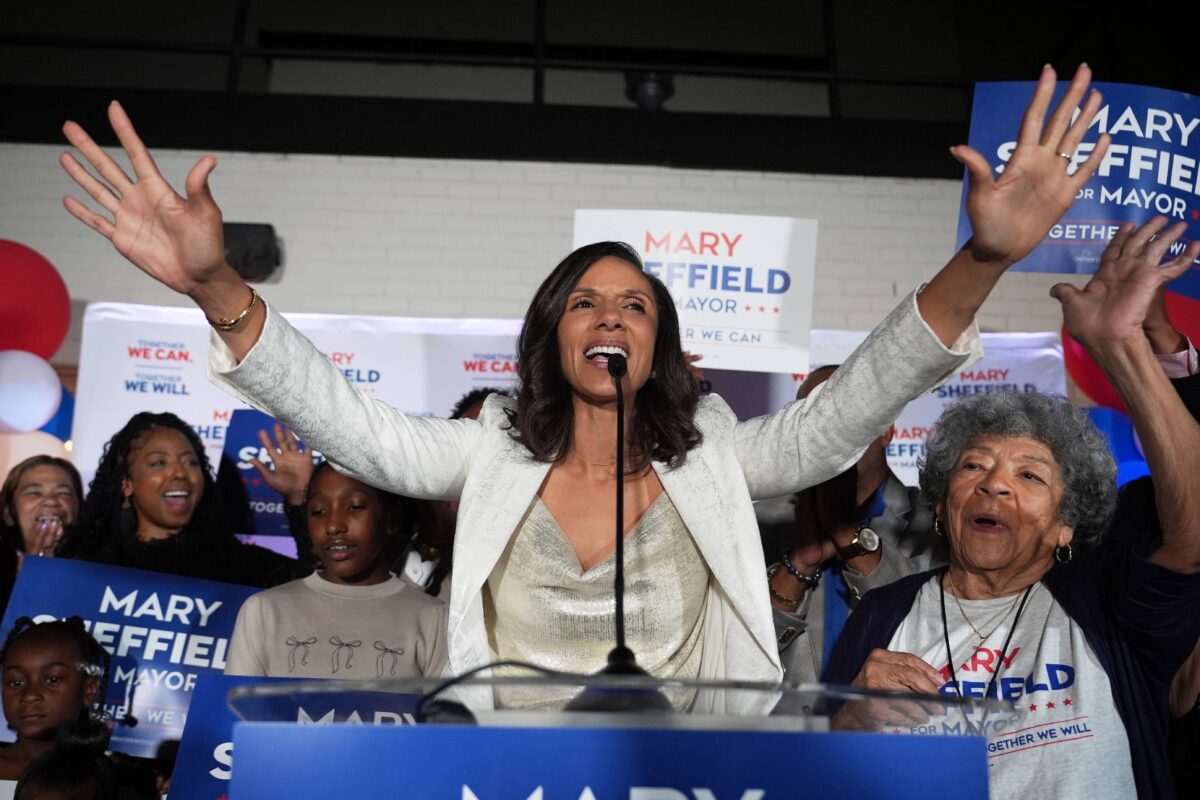 Detroit mayoral candidate Mary Sheffield speaks at a campaign watch party on election night.