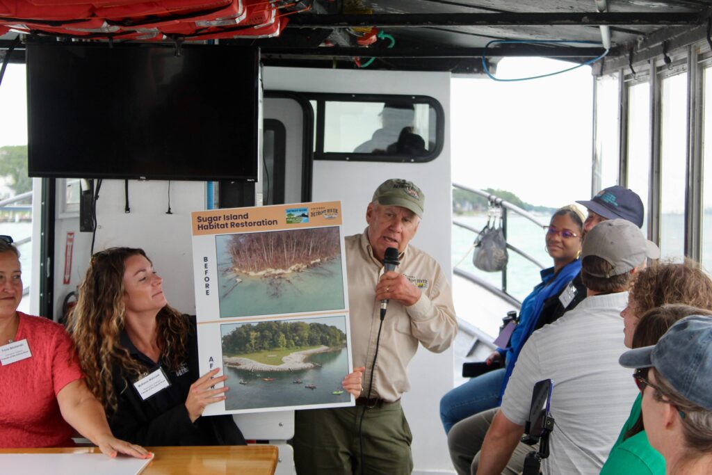 Detroit riverkeeper Bob Burns discusses a recent habitat restoration project.