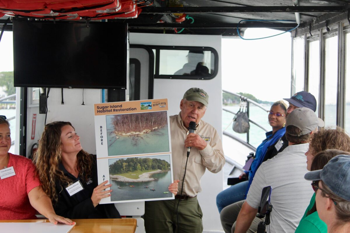 Detroit riverkeeper Bob Burns discusses a recent habitat restoration project.