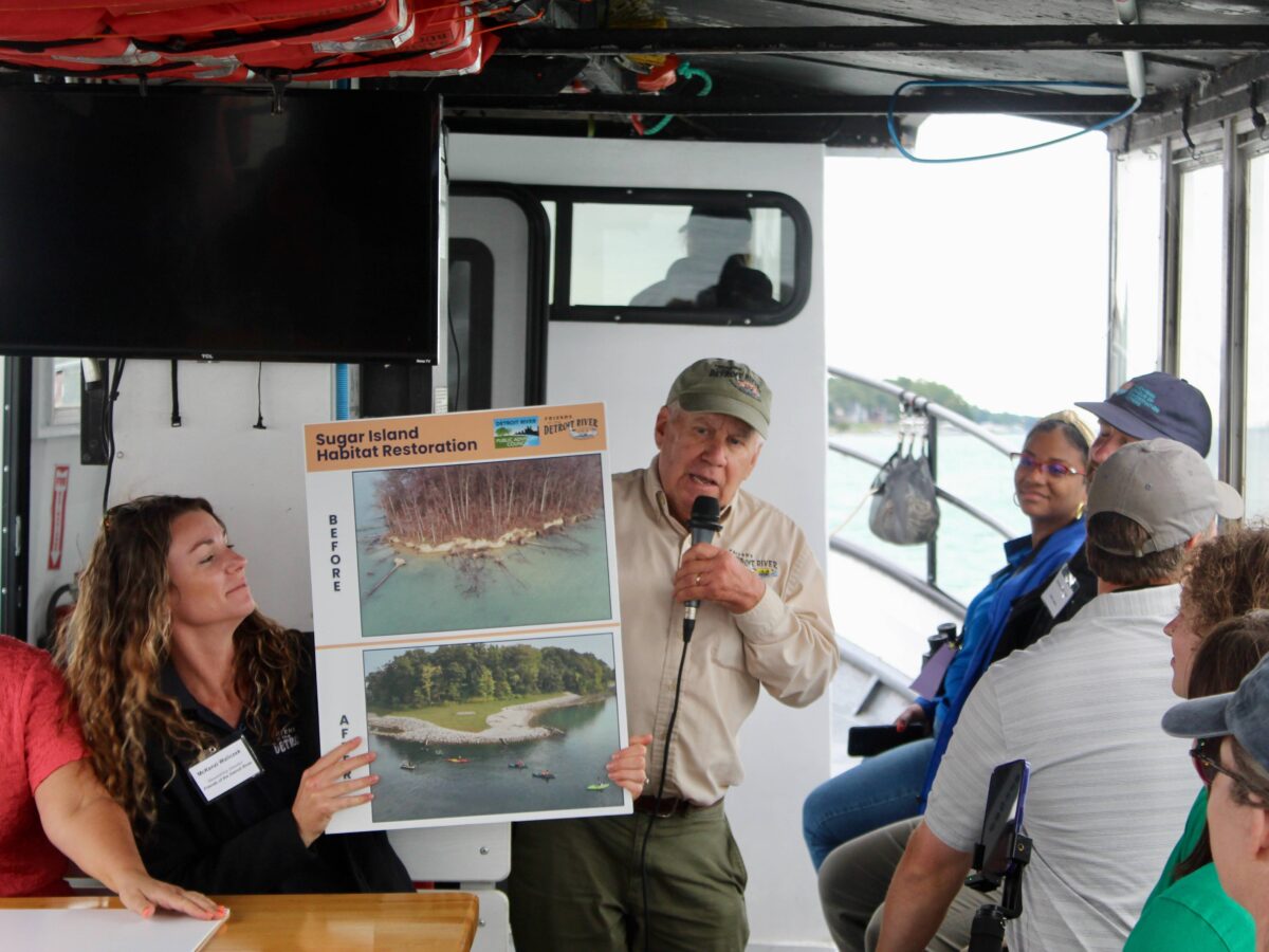 Detroit riverkeeper Bob Burns discusses a recent habitat restoration project.