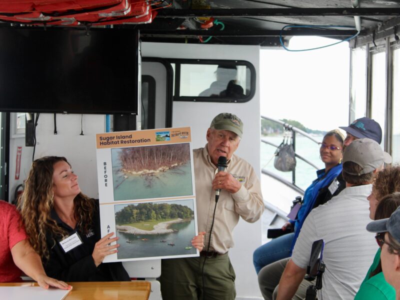 Detroit riverkeeper Bob Burns discusses a recent habitat restoration project.