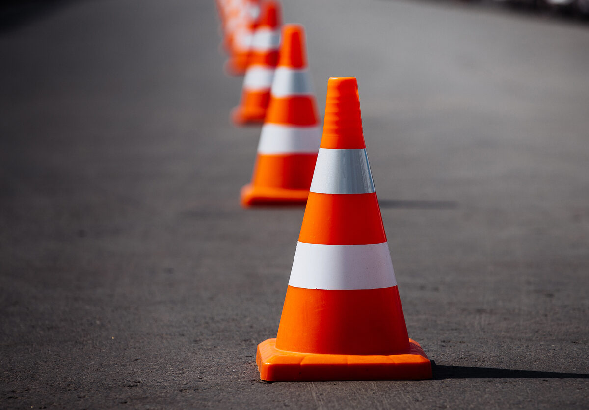 Construction cones lined up in a row