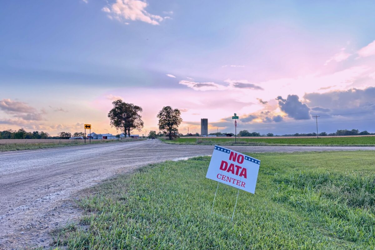 A "No Data Center" sign by the roadside in rural Saline Township.