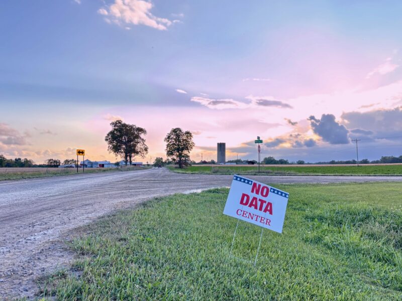 A "No Data Center" sign by the roadside in rural Saline Township.