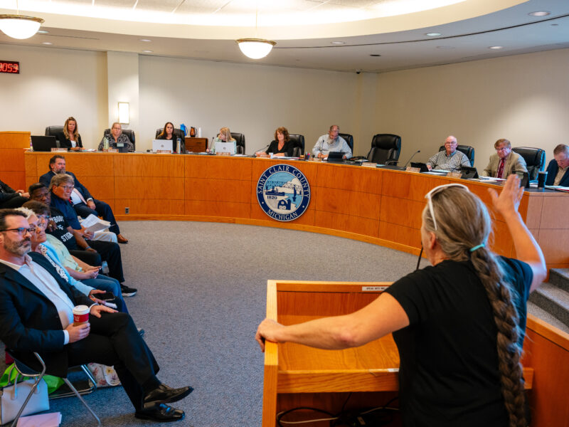 A retired dental assistant speaks in favor of fluoridated public water at an August meeting of the St. Clair County Board of Commissioners.