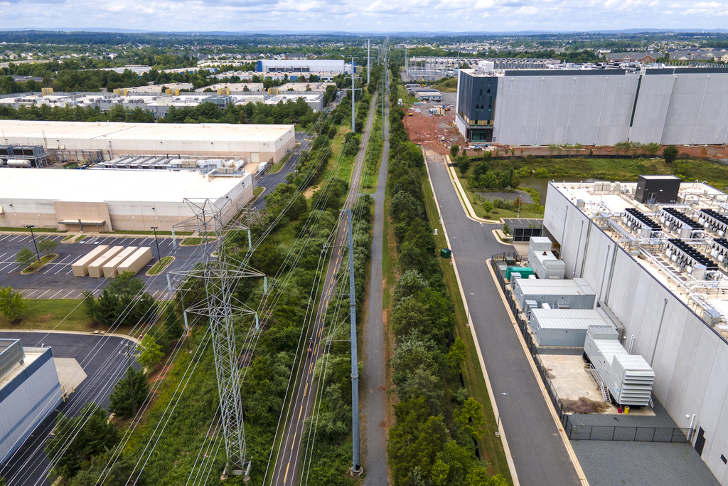 High-voltage transmission lines provide electricity to data centers in Ashburn in Loudon County, Virginia.