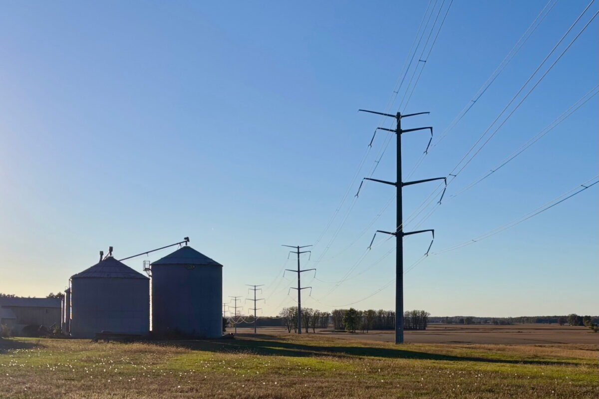 Power lines and agricultural silos on Saline Township data center site.