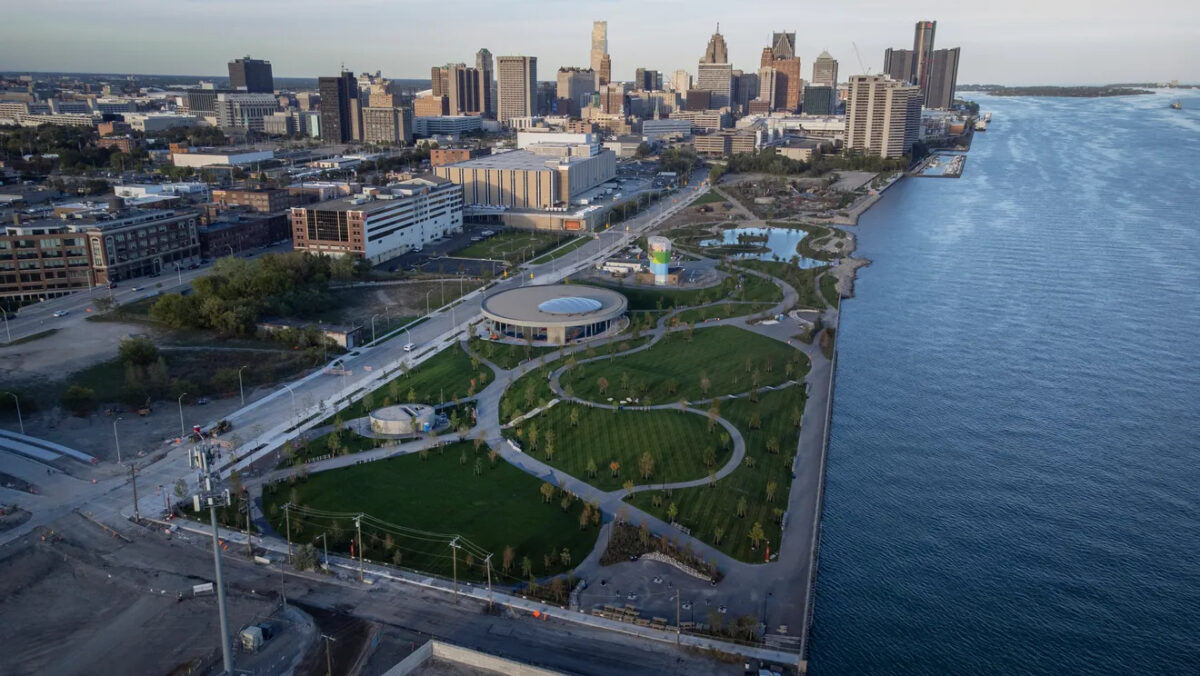 An aerial view of the son-to-open Ralph C. Wilson, Jr. Centennial Park in Detroit.