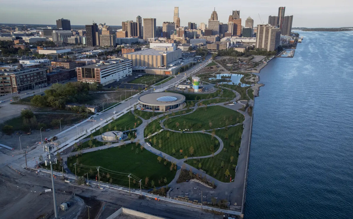 An aerial view of the son-to-open Ralph C. Wilson, Jr. Centennial Park in Detroit.