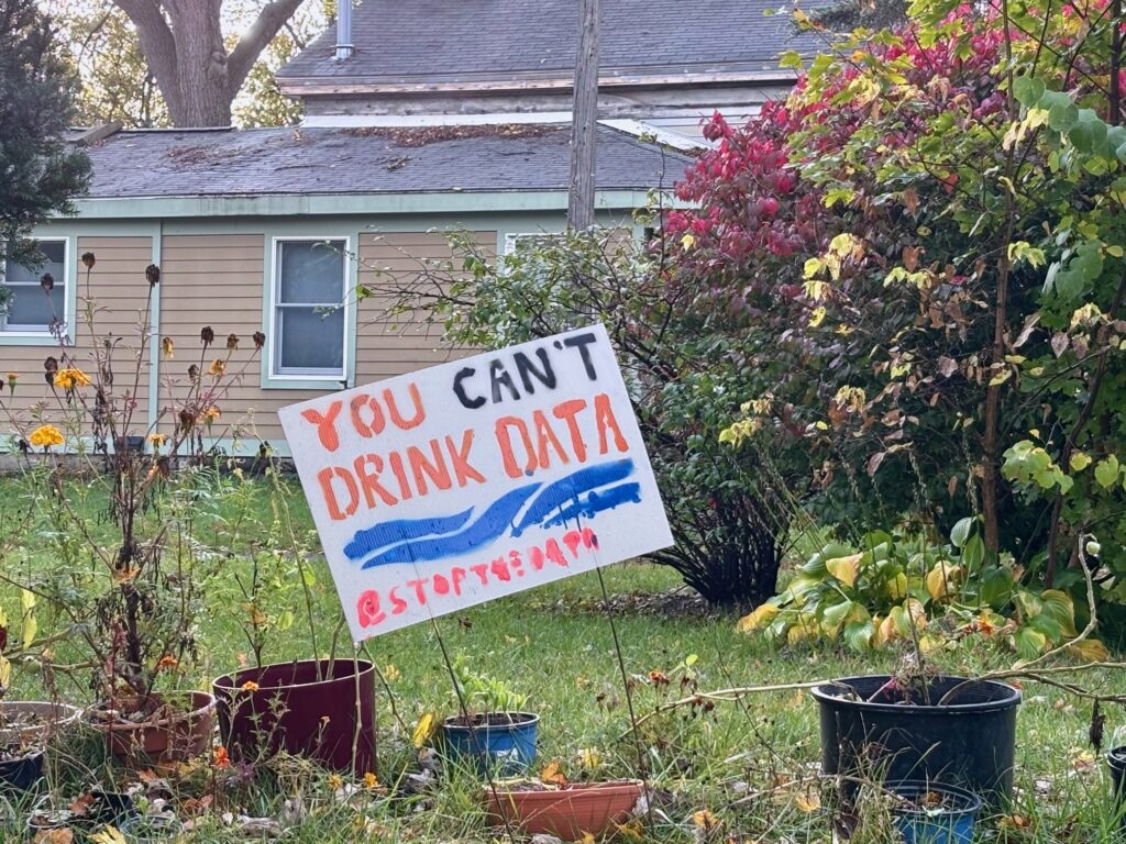 "You Can't Drink Data" yard sign in Ypsilanti on Oct. 21, 2025.