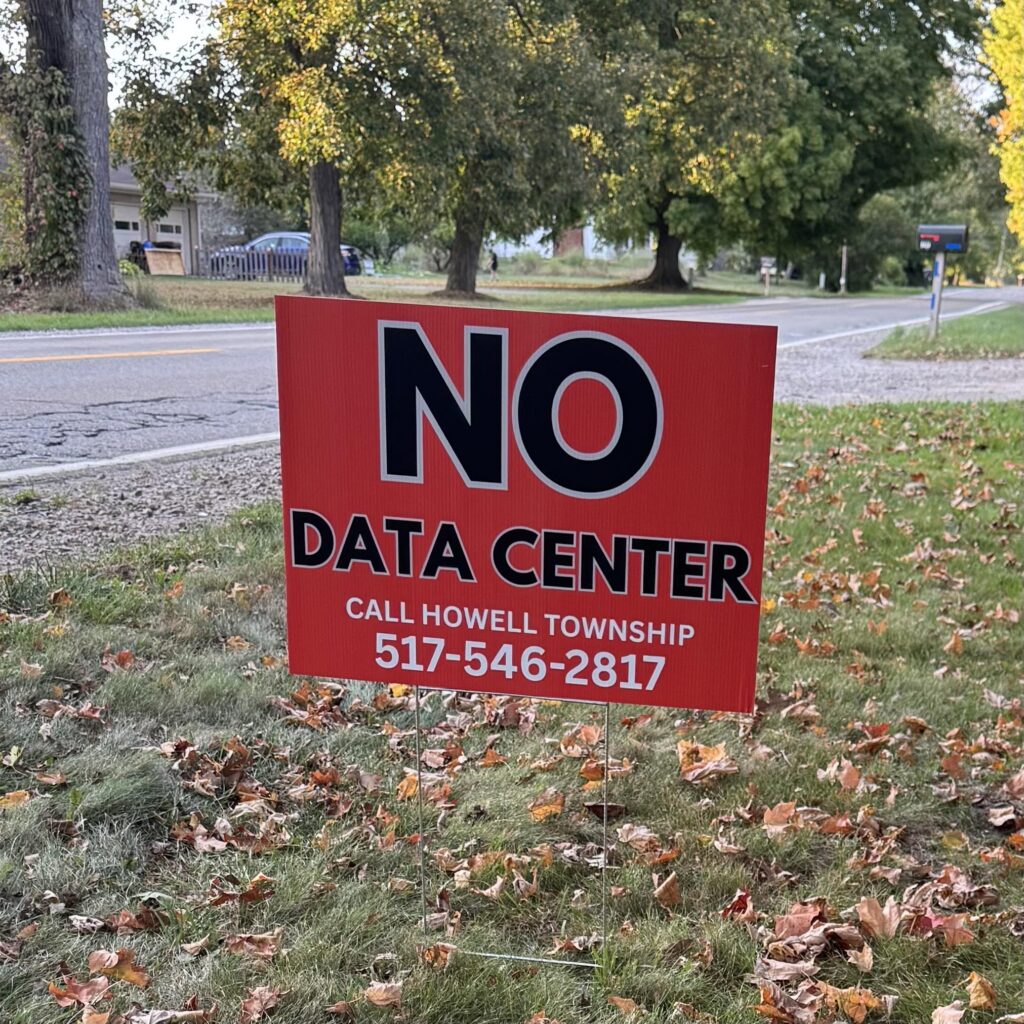 A red "No Data Center" yard sign in Livingston County.