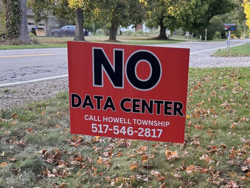 A red "No Data Center" yard sign in Livingston County.