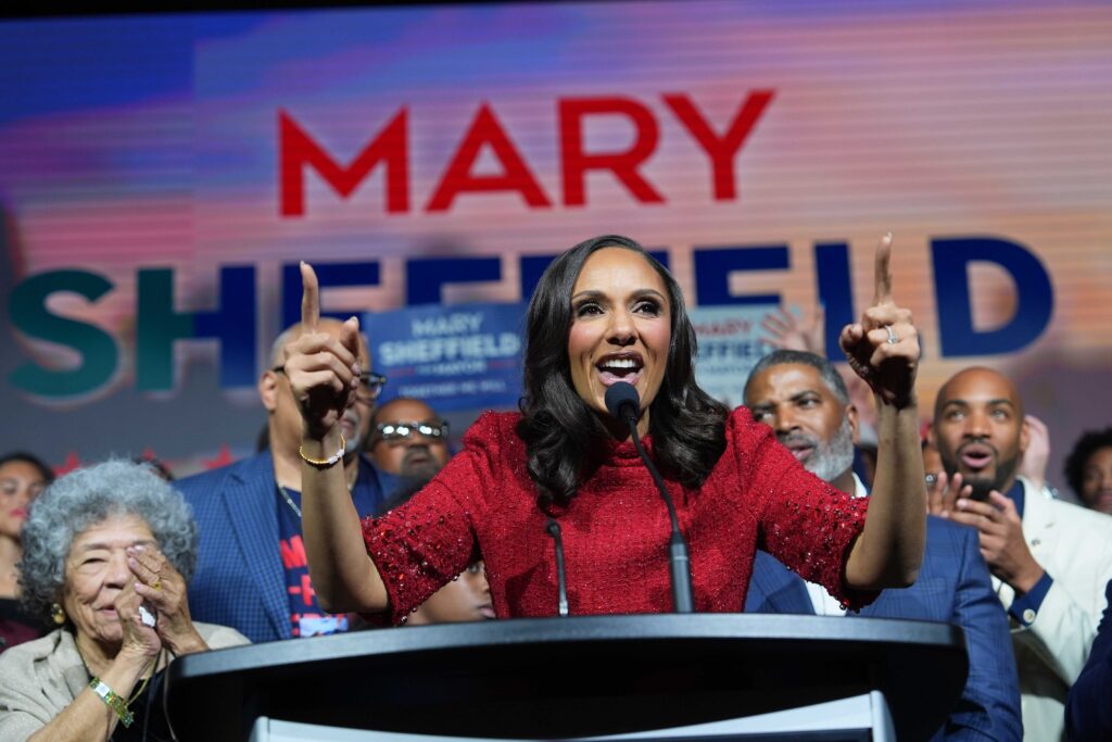City Council President Mary Sheffield speaks during an election night watch party after winning the mayoral race on Tuesday, Nov. 4, 2025, in Detroit.