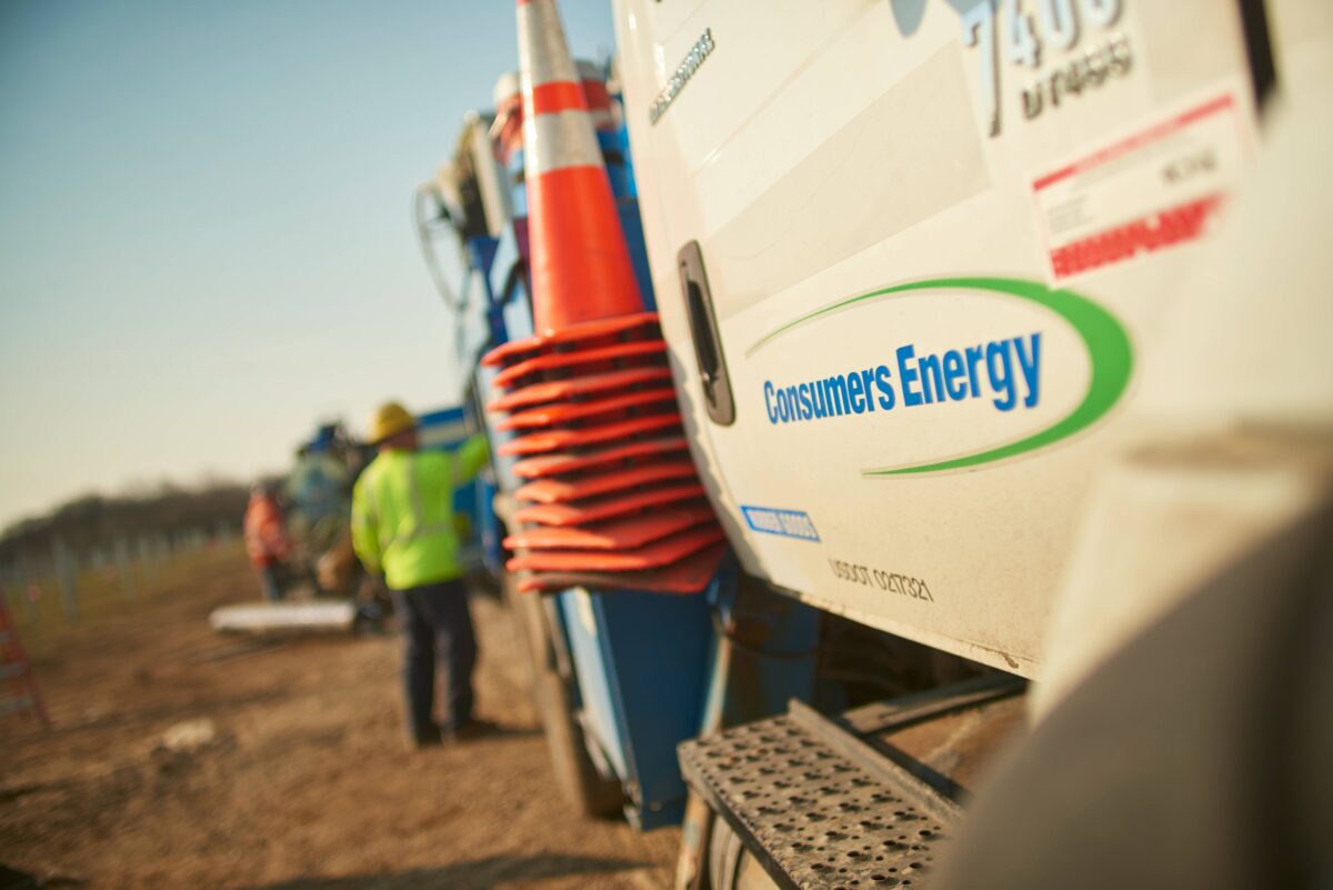 Consumers Energy truck with orange cones