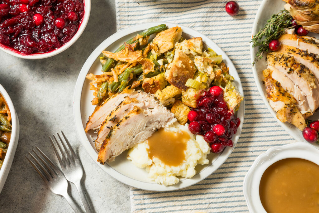 A Thanksgiving turkey dinner plate with potatoes and cranberries.