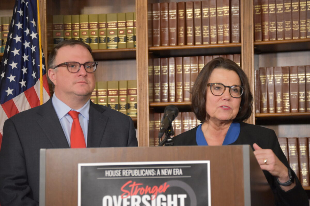 Michigan House GOP members Matt Hall and Ann Bollin speak at press conference.