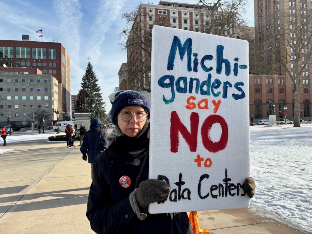 Ann Arbor resident Mary Eldridge at Tuesday’s anti-data center rally at the Michigan Capitol.