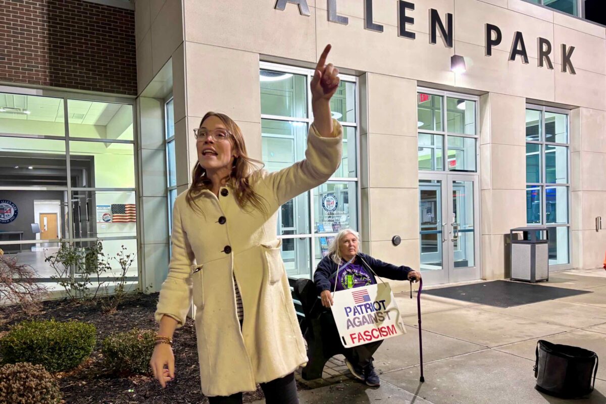 Michigan House candidate Joanna Whaley speaks at a rally before the Allen Park Planning Commission meeting Jan. 9, 2026.