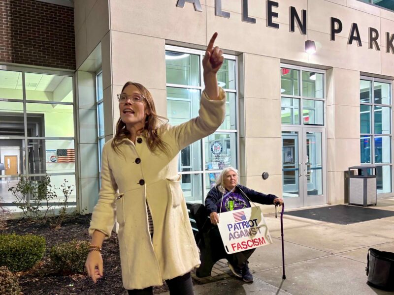 Michigan House candidate Joanna Whaley speaks at a rally before the Allen Park Planning Commission meeting Jan. 9, 2026.