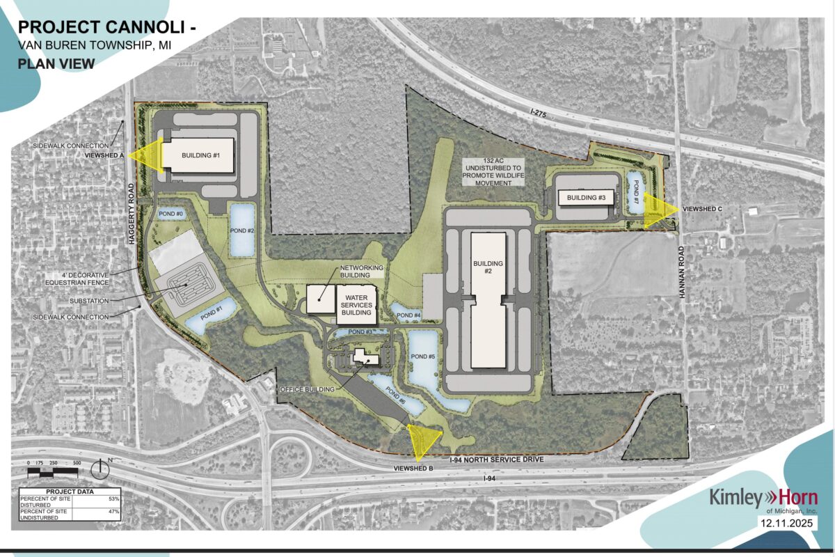 A rendering of Project Cannoli, a proposed data center in Van Buren Township.
