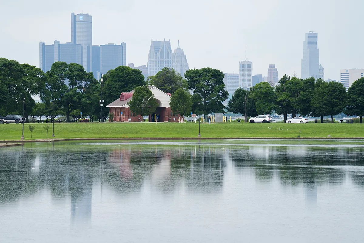 Belle Isle with the Detroit skyline on the horizon.