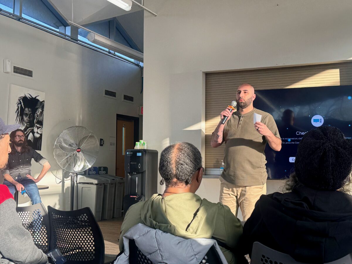 Environmental attorney Andrew Bashi speaks about data centers at Eastside Community Network in Detroit.