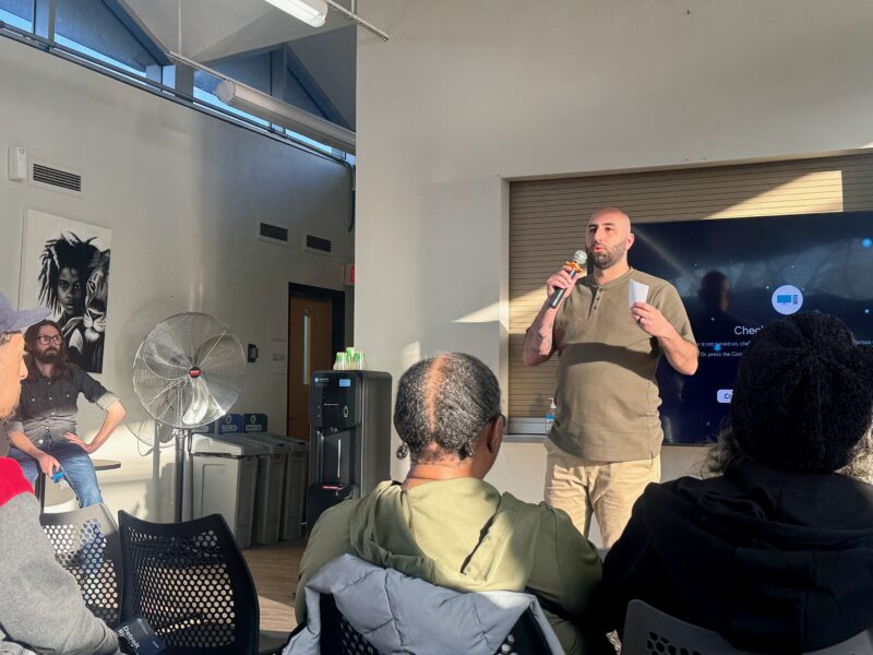 Environmental attorney Andrew Bashi speaks about data centers at Eastside Community Network in Detroit.