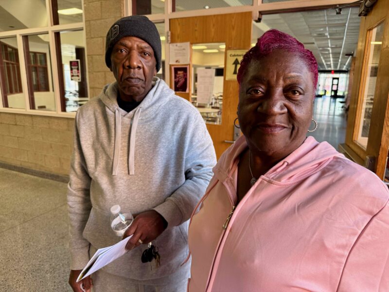 Former U.S. Steel employees Michael Denard and Annie Seaman at a community meeting in River Rouge.