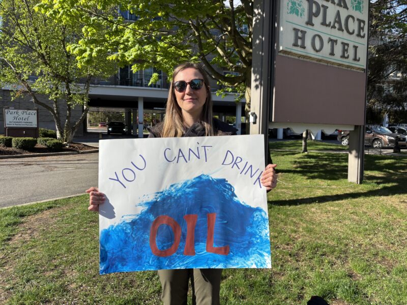 The Groundwork Center's Ashley Rudzinski at a Line 5 protest in Traverse City.